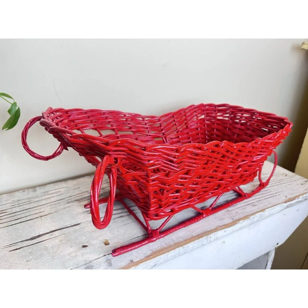 Vintage Rare Large Christmas Red Wicker Santa’s Sled Flower/Gifts Basket 18”